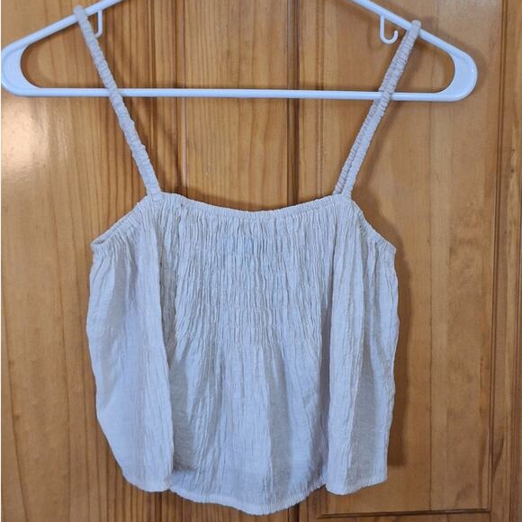 Lulu's Crop Top Womens Small Champagne Minimalist Neutral Smocked Summer Stretch - Picture 1 of 8